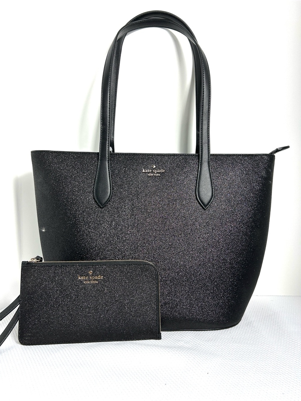Kate Spade New York Black Glitter Tote Handbag & Matching Wristlet Set